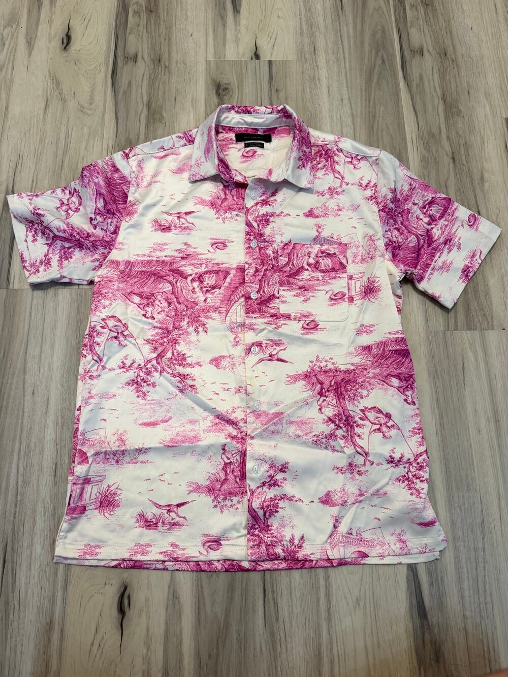 Urban Outfitters Pink Toile De Jouy Short Sleeve Button Down Shirt S Satin